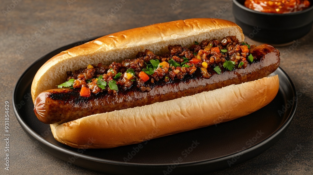 Poster a clean and stylish presentation of a hot dog with a rich flavorful sausage and an elegant bun toppe