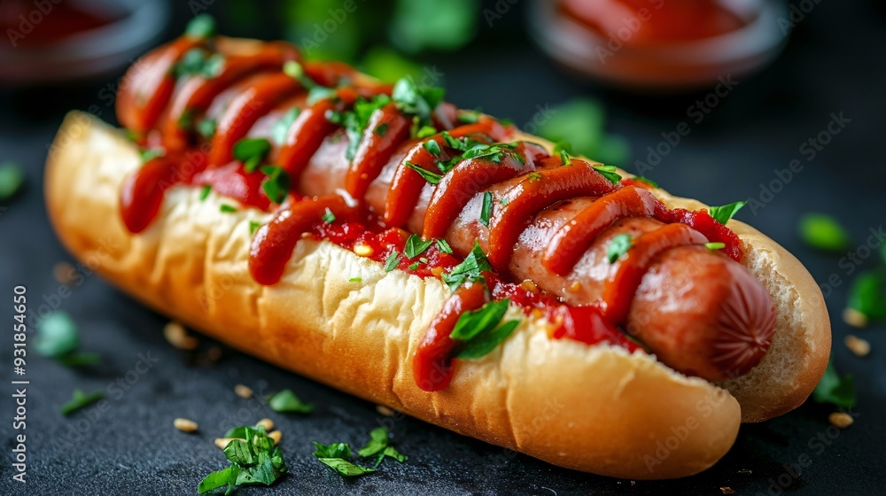Poster a high-end photo of a hot dog with a focus on the texture and quality of the sausage accompanied by 