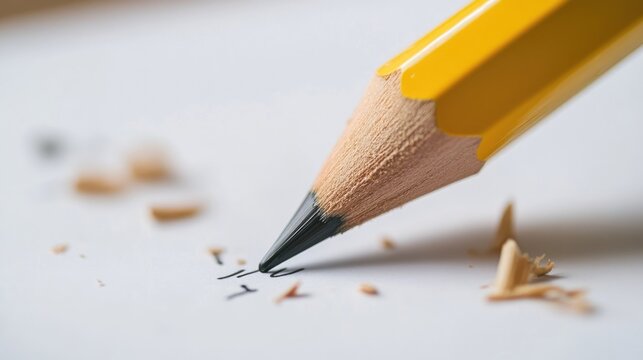 A close-up of a yellow pencil writing on a white sheet of paper, with eraser shavings nearby