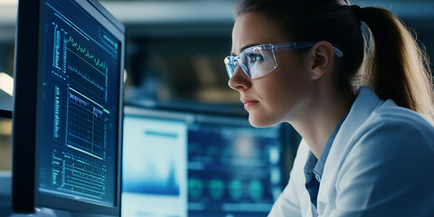 A side profile of a female doctor looking carefully at a monitor, examining health data, hospital background. medical profession, low light, white female, lab coat, glasses, technology in medicine