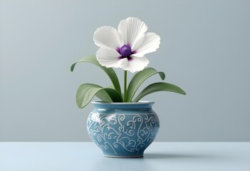 Purple and White Flower in Ornate Blue Vase