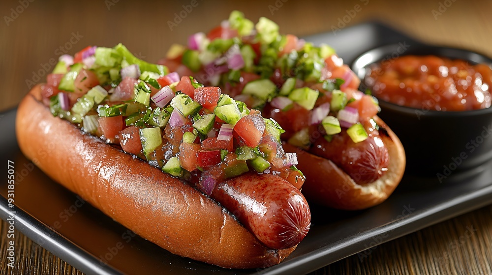 Poster an elegant image of a hot dog with a juicy sausage and upscale toppings styled on a sleek black plat