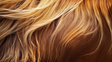 Naklejka premium A close-up of brown horse mane, showing the texture and natural highlights in the sunlight