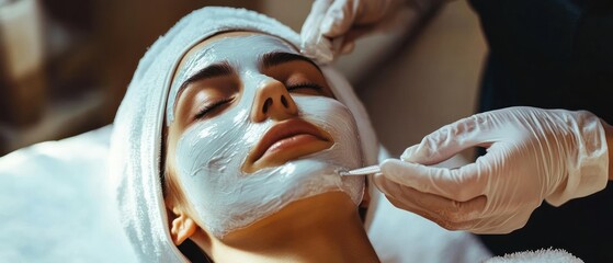 Woman receiving facial treatment with white mask