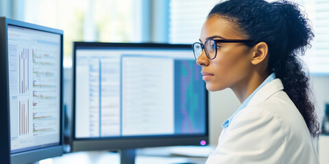 Doctor in a lab coat, glasses; Mixed race;  female looking carefully at a monitor, a woman in medicine examining health data, hospital staff background. medical profession - natural light, daytime