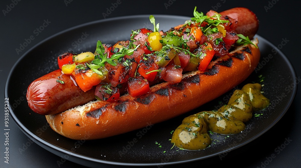 Poster an elegant image of a hot dog with a juicy sausage and upscale toppings styled on a sleek black plat
