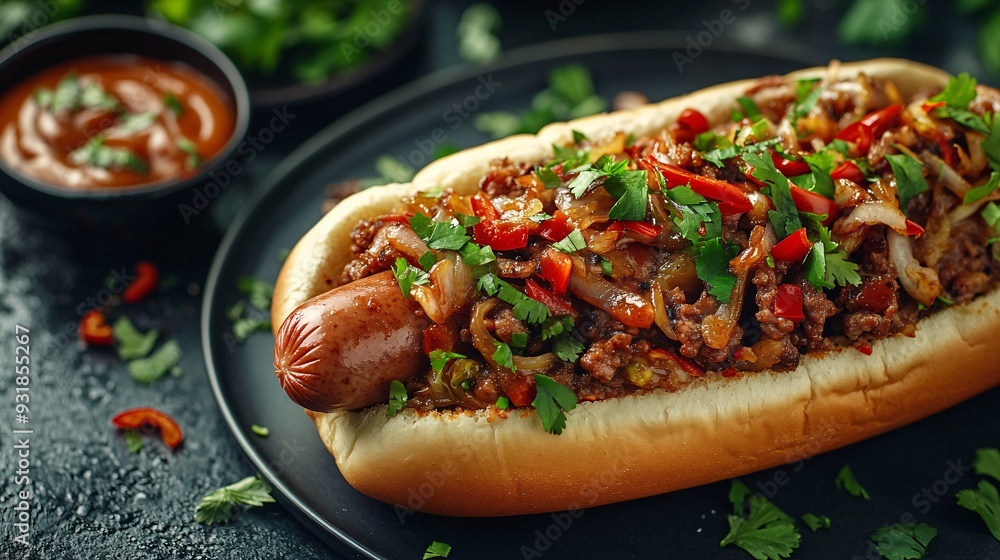 Poster an elegant image of a hot dog with a juicy sausage and upscale toppings styled on a sleek black plat