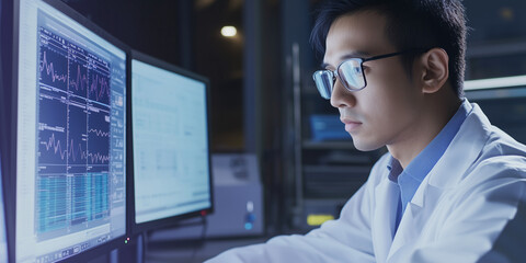 Asian male doctor in a lab coat, wearing glasses, looking at a monitor, a man in medicine examining health data, hospital background. medical professional