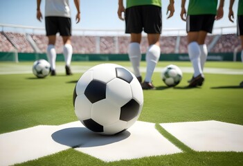 Obraz premium Soccer Players on Field with Soccer Ball Close-Up