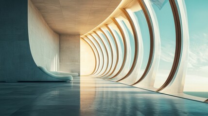 Stylish modern interior with curved architecture and scenic view, featuring sleek lines and natural lighting for a serene atmosphere.