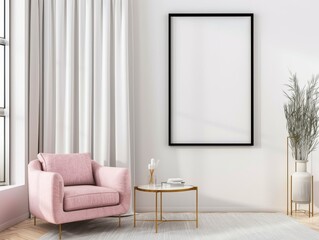 white modern living room with a large square blank frame on the wall, a sofa and coffee table, hanging lights