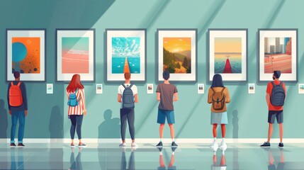 Detailed vector illustration of a photography exhibition, with people admiring framed photographs on display, celebrating the art and creativity of photographers
