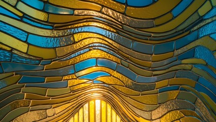 Waves of stained glass showcase vibrant colors under soft lighting