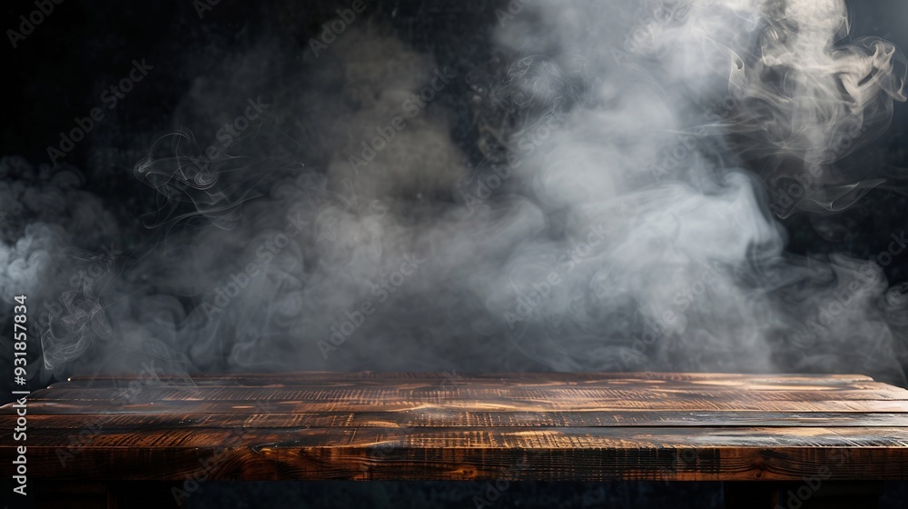 Leinwandbilder On a black background an empty wooden table with smoke floats up Empty space for displaying your products with a smoke float up on a dark background Space available for displaying your : Generative AI