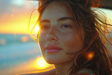 Joyful woman enjoying a sunset beach road trip