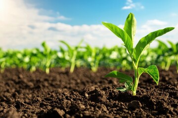 A vibrant green plant emerges from rich brown soil under a clear blue sky, symbolizing growth and new beginnings in nature.