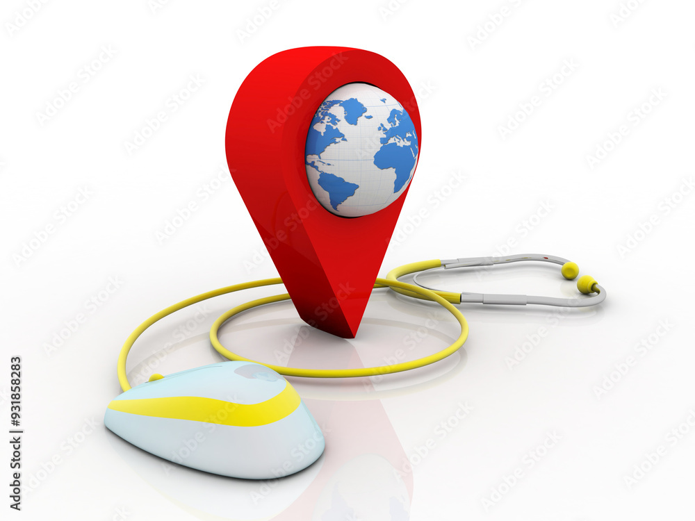 Poster 3d rendering red map pointer with mouse connected stethoscope