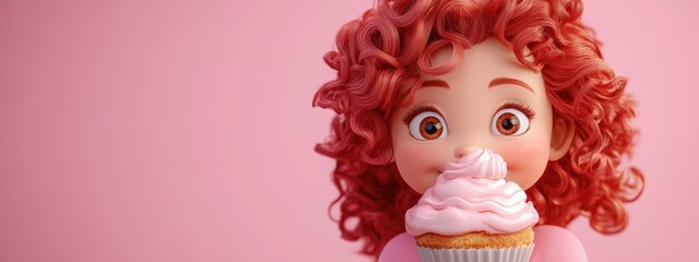 Fototapeta premium Playful 3D cartoon girl with curly red hair enjoying a yummy dessert against a pink backdrop