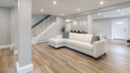 Beautiful basement with grey and white vinyl plank flooring, living room area with a large sofa and table