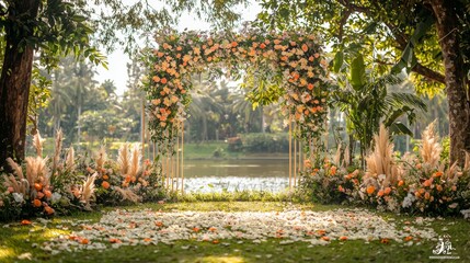 Wedding arch with floral arrangements by the lakeside