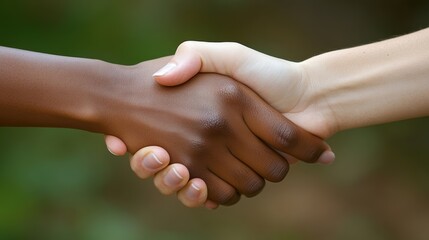 A powerful handshake between individuals of different ethnicities, genders, and ages, signifying partnership and social equality