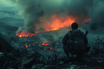 Fototapeta premium Soldier surveying a war-torn landscape at dusk
