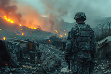 Naklejka premium Soldier on guard at military camp in warzone