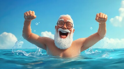 Joyful elderly character celebrating triumph in a swimming contest