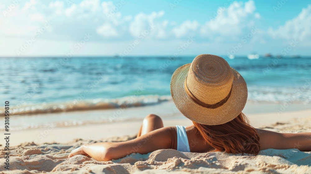 Wall mural A tranquil beach day featuring a woman relaxing on golden sand with a sun hat, overlooking calm blue waters under a clear sky in the early afternoon sunshine