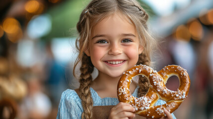 smiling little child holding a German pretzel in his hands on the background of a street festival in Munich, traditional pastries, national food, Oktoberfest, autumn, kid, children, portrait, girl