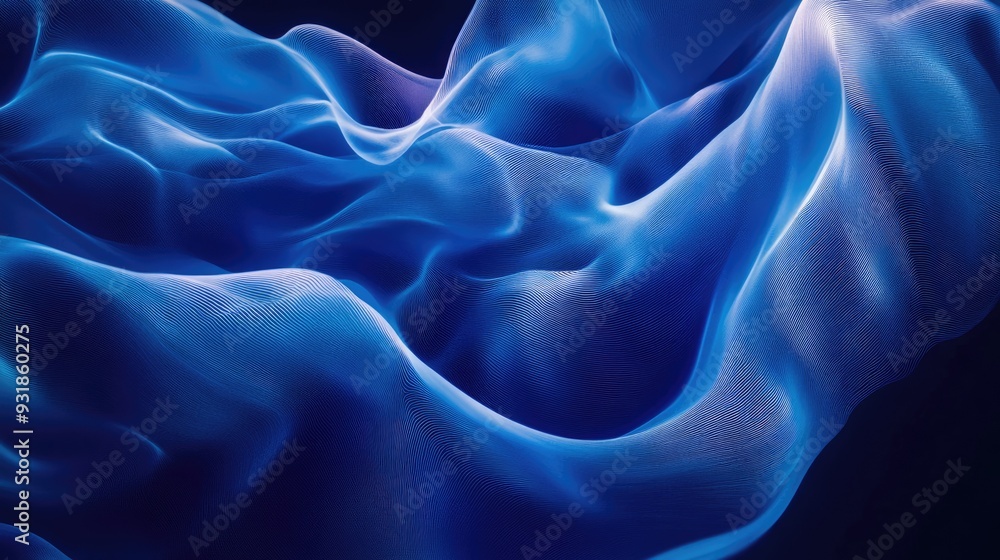 Poster blue background with flowing, abstract wave patterns, creating a sense of movement