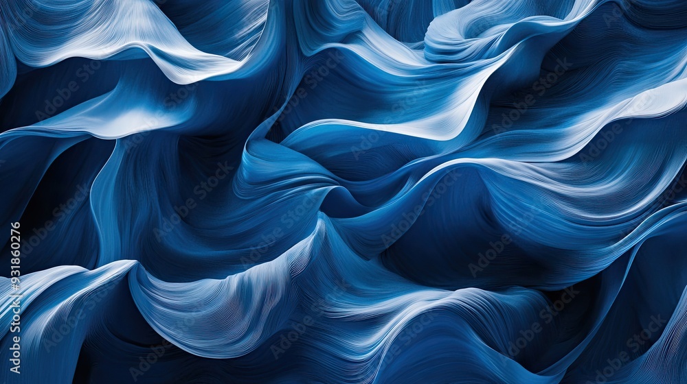 Poster blue background with flowing, abstract wave patterns, creating a sense of movement