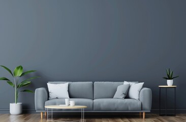 Dark gray wall in the living room with sofa and coffee table, dining area in the background.