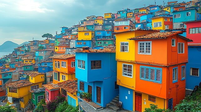 Aerial view of colorful favelas in Rio de Janeiro 