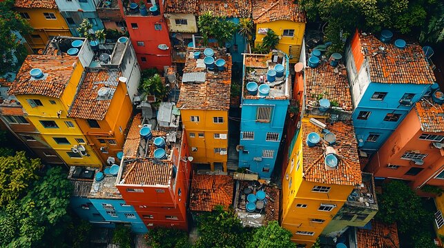 Aerial view of colorful favelas in Rio de Janeiro 