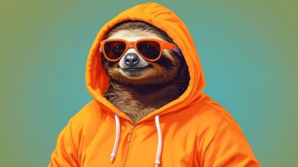 Cool sloth wearing an orange sweatshirt and stylish sunglasses is depicted by generative AI in a confident stance on a vivid yellow background.