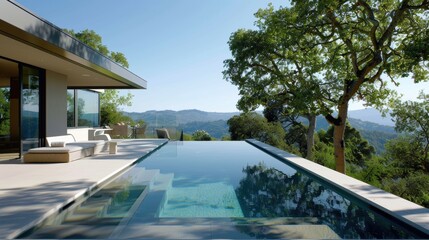 Fototapeta premium The tranquil pool reflects the bright sun, surrounded by lush greenery and hills in the distance