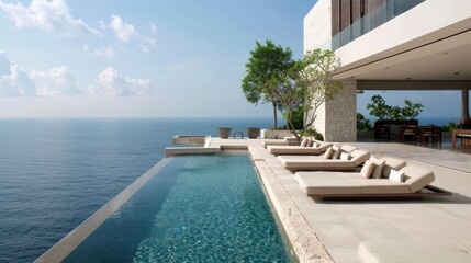 Fototapeta premium A serene outdoor pool area offers relaxation with stunning ocean views and minimalist design elements