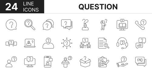 Collection of 24 question line icons featuring editable strokes. These outline icons depict various modes of question mark, help, speech, chat, ask, idea, business, problem,