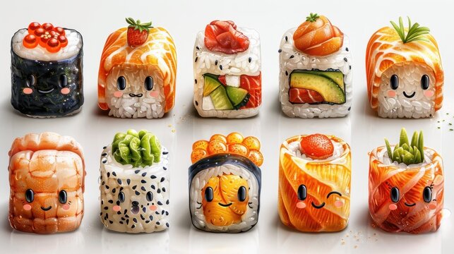 Pop color illustrations of Japan's traditional Cute Food Sushi (Futo Maki,Uni Gunkan,Ikura Gunkan,Maguro NiGi) in various activities, with bold lines and simple design, placed on a white background 