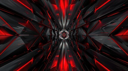 Abstract geometric tunnel with red glowing lights.