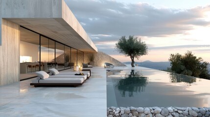 A tranquil scene featuring a sleek outdoor pool and modern architecture surrounded by nature