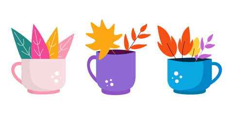Colorful ceramic cups with autumn leaves inside. Vector illustration in flat style. Isolated on white background.