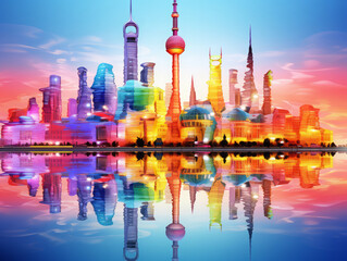 Fototapeta premium Beautiful Low angle view of illuminated building against sky