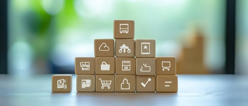 Wooden Blocks with White Icons Depicting Business and Technology Concepts