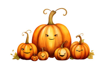 Obraz premium A whimsical watercolor painting of a family of pumpkins, isolated on a white background.