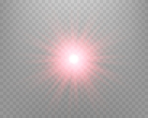 Red sunlight lens flare, sun flash with rays and spotlight. Glowing burst explosion on a transparent background. Vector illustration.