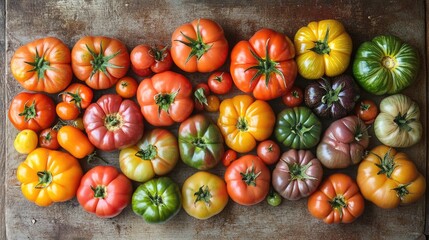 Heirloom tomatoes in various colors and shapes, arranged on a rustic table