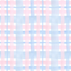 Watercolor checkered background. Seamless hand drawn pattern pink and blue pastel colors for fabric texture, wallpaper, home decor prints