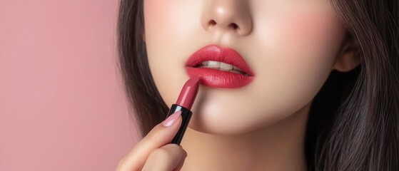 Close-up of a woman applying pink lipstick to her lips